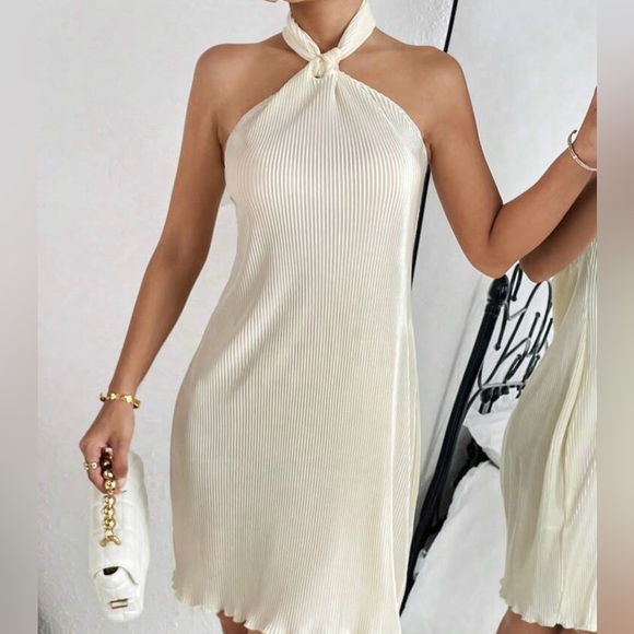 SHEIN Dresses & Skirts - NEW White Neutral Solid Lettuce Trim Halter Neck Backless Dress Size Small